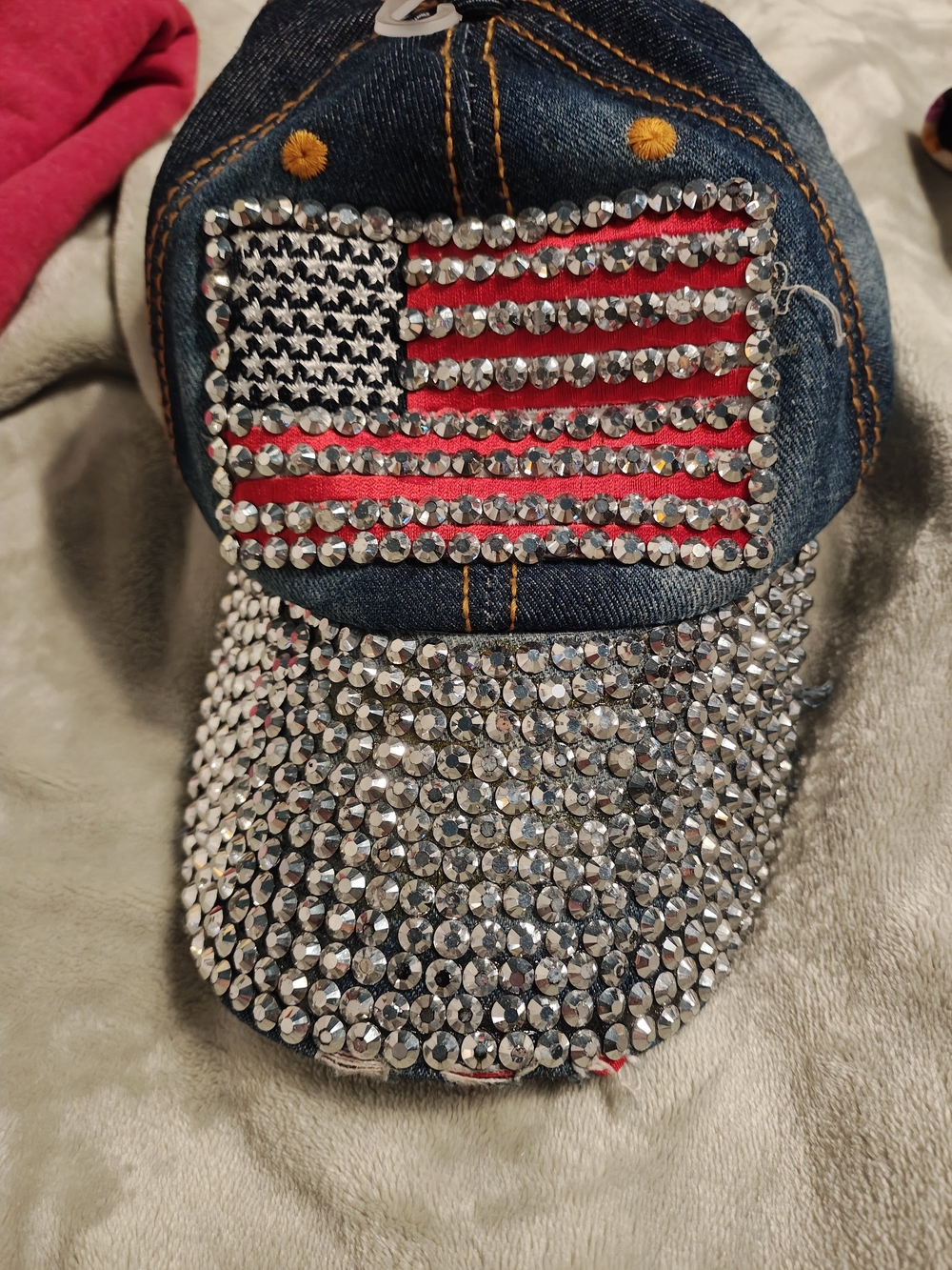 Denim Rhinestone American Flag Cap